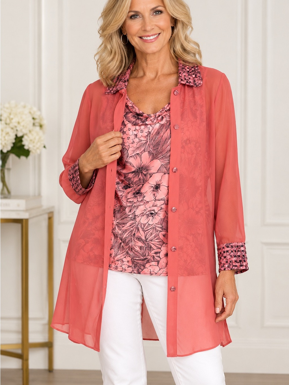 George Simonton 2-Pc Tunic Set Size M Coral Floral Tank & Sheer Tunic